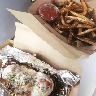 The Long Way: open-faced turkey meatball sandwich on ciabatta bread w/ a side of street fries