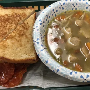 Pepperoni sandwich and chicken noodle