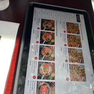 Menu on tablet