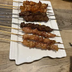 Chicken, beef, and pork skewers