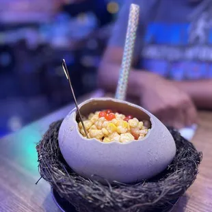 Special Dessert placed in a very unique egg and nest presentation