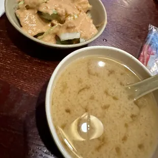 Soup and salad (drowning in dressing)