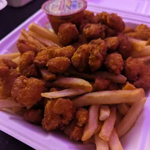 Popcorn shrimp and fries