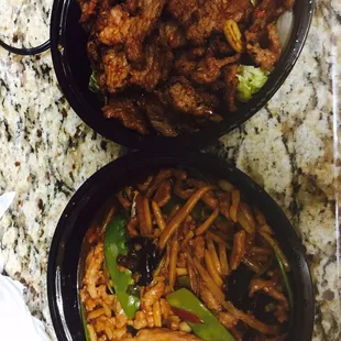 Pork with garlic sauce and beef with cumin sauce