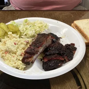 Ribs, burnt ends and rice salad