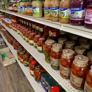 a shelf of canned food