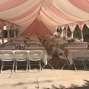 Now Offering full set ups 20x40 canopy with Blush and Ivory drapping                 Center pieces,linen, chairs &amp; tables