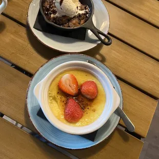 Chocolate chip cookie skillet, and Crème brûlée