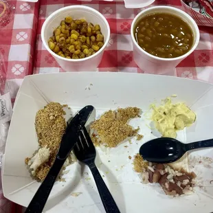 Catfish, corn, &amp; baked beans. Small sample size of potato salad &amp; red beans and rice.