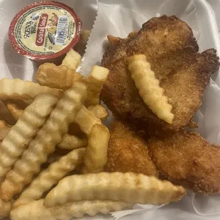 Swai, fried shrimp and fries