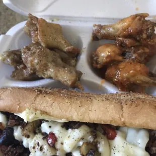Garlic parm, Cajun ranch, philly steak sandwich from A&amp;D Buffalos