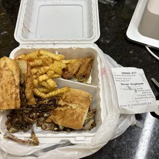 Chicken Philly sub, fries and honey garlic wings. proof of purchase receipt.