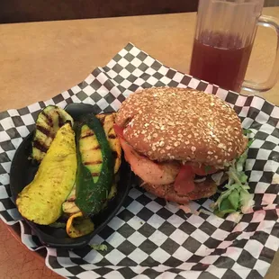 Mushroom &amp; Swiss Burger with a chicken breast subbed for the beef. Whole wheat bun subbed as well with aside of grilled veggies.