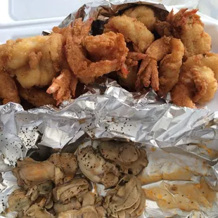 Fresh steamed oysters &amp; a small order of butterfly fried shrimp, made from scratch