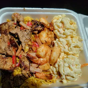 Steak, garlic shrimp, fried noodles, and Mac salad!