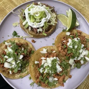 Tacos Al pastor and shredded beef sope