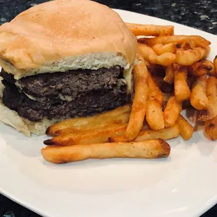 1 lb. cheeseburger (plain and dry) w/really tasty fries $10.50