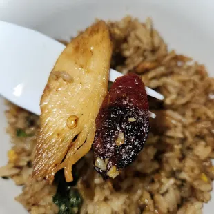 Overcooked chicken and what I assume is a piece of sausage. Not edible.