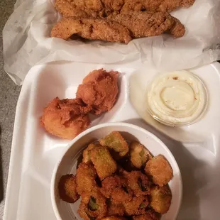 2 pcs of catfish, okra and 2 hush puppies