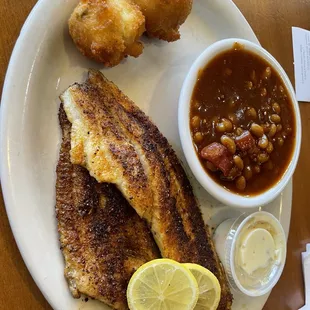 Blackened Catfish   Baked beans.