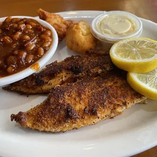 Blackened Catfish keeps getting smaller and smaller.  Hushpuppies too.  Sugar beans disguised as baked beans.  I keep trying man.