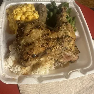 Baked chicken gravy rice mac- n- cheese and green beans