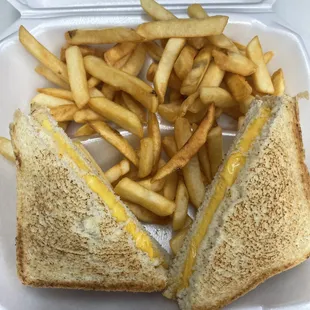 a sandwich and french fries in a styrofoam container