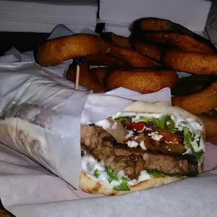 a burrito and onion rings