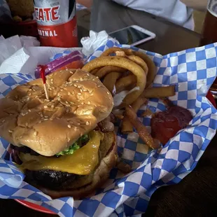 Burger and onion rings