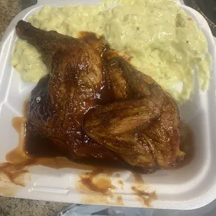 Half a chicken with double potato salad. Spaghetti on the side..