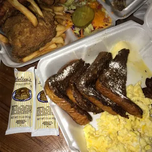 Famous Fried 1/2 Chicken Dinner &amp; French Toast , 4 Sausages &amp; 3 Eggs