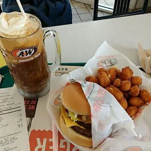 Lg root beer float, lg cheese curds, papa burger, $13.37