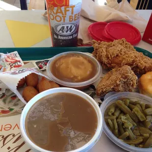 a tray of food and a drink