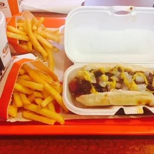 Chilli Dogs, fries and drink ( a&amp;w root beer of course)!  Yum