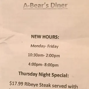 a menu for a bear's diner
