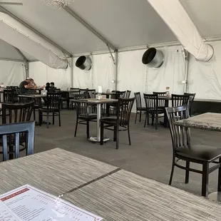 tables and chairs in a tent