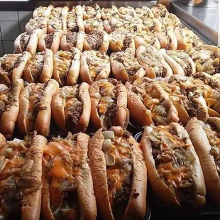 a tray of hot dogs