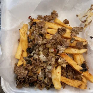 Philly fries... 8 bucks for this bad boy, cold ass fries, a small handful of meat... not happy