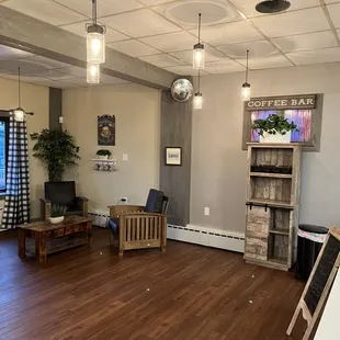 a living room with wood floors