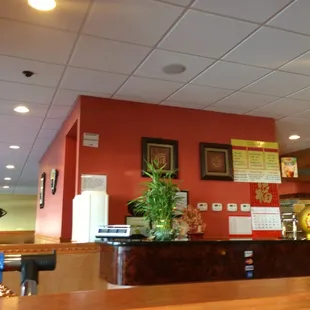  red walls and wooden tables
