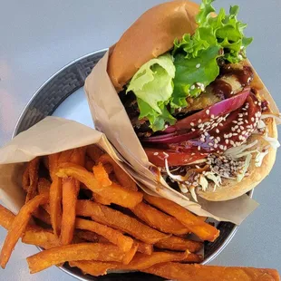 Eggplant burger w sweet potato fries