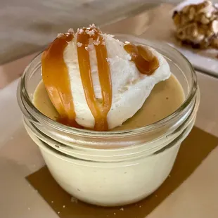Budino - Butterscotch Pudding with Vanilla Whipped Cream and Caramel ($8)