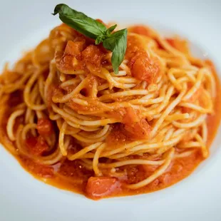 a plate of spaghetti with tomato sauce