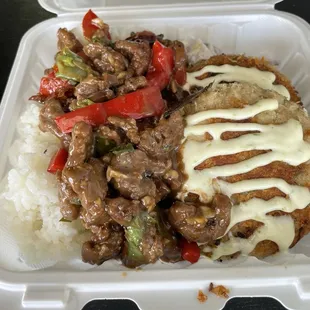 Mongolian beef with ahi cakes