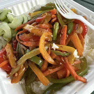 Vegetarian stir fry with namasu and rice yummy