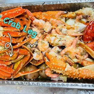  a close up of a tray of crab legs