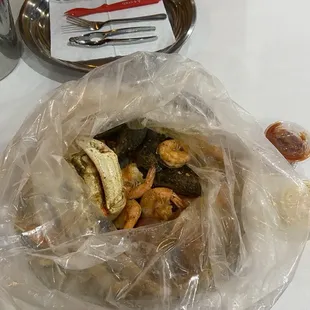 Seafood boil over in a bag...hard to photograph, but excellent!
