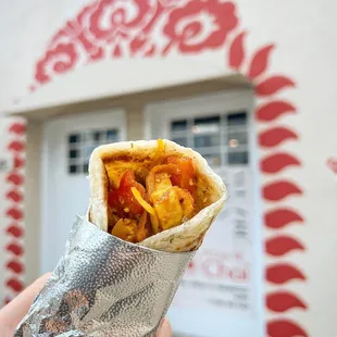 a hand holding a burrito