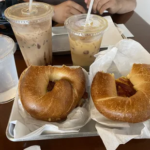 2 Bacon Breakfast Sandwiches, a caramel macchiato, and a mixchoco latte