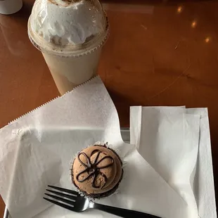 Iced Horchata cold brew and chocolate tres leche cupcake